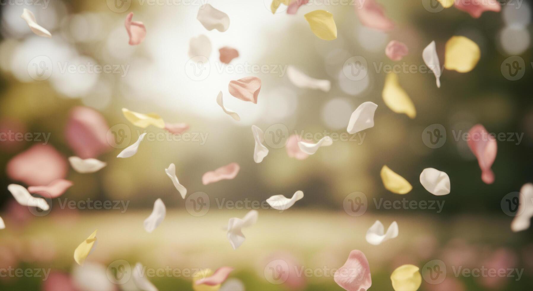 Falling flower petals in the sunlight create a dreamy scene. photo
