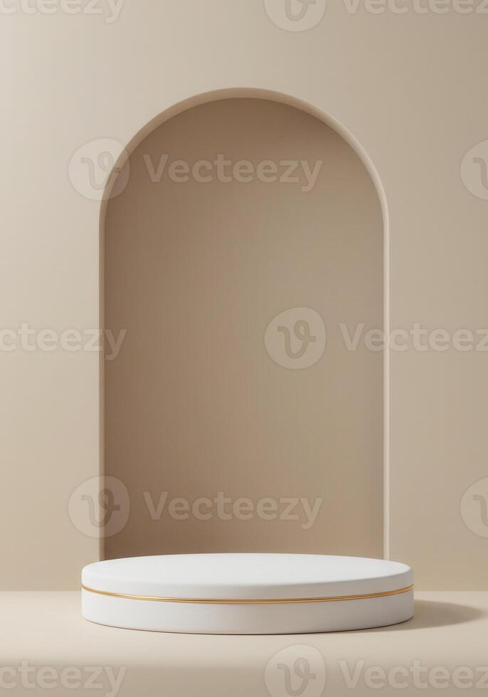 Minimalist podium display with a beige arch in the background photo
