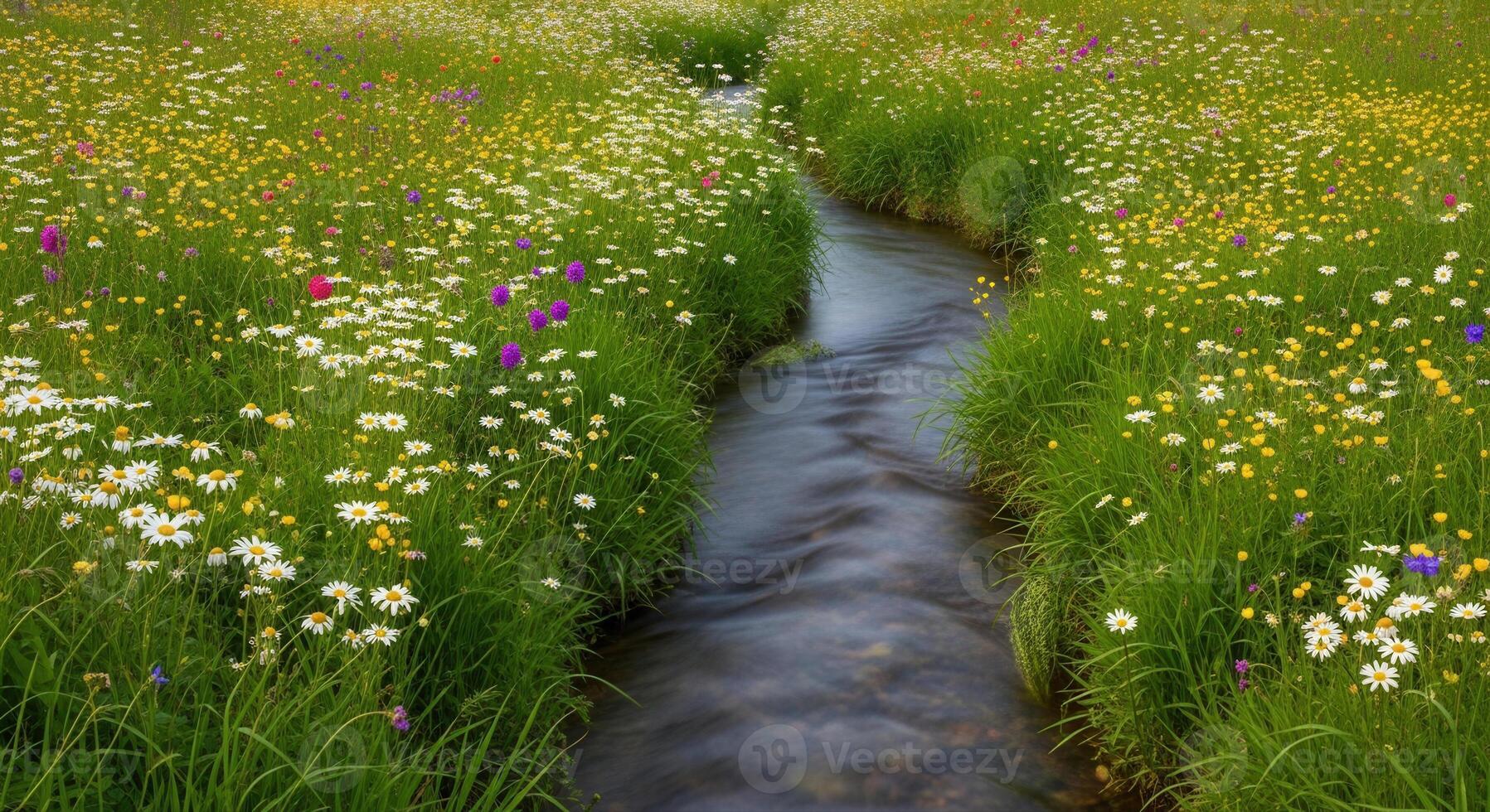 A winding stream flows through a field of wildflowers. photo