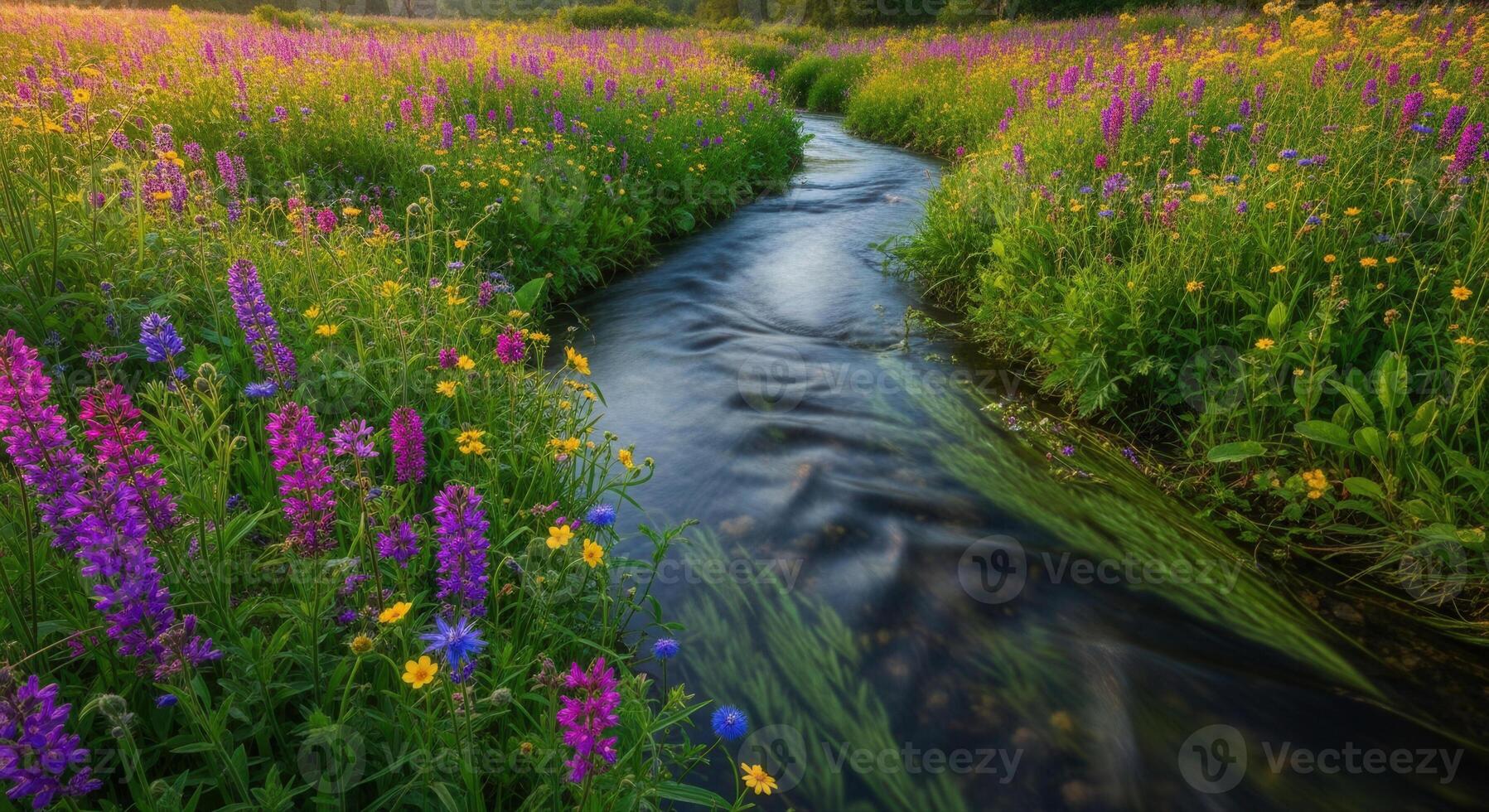 A stunning display of wildflowers alongside a flowing stream. photo