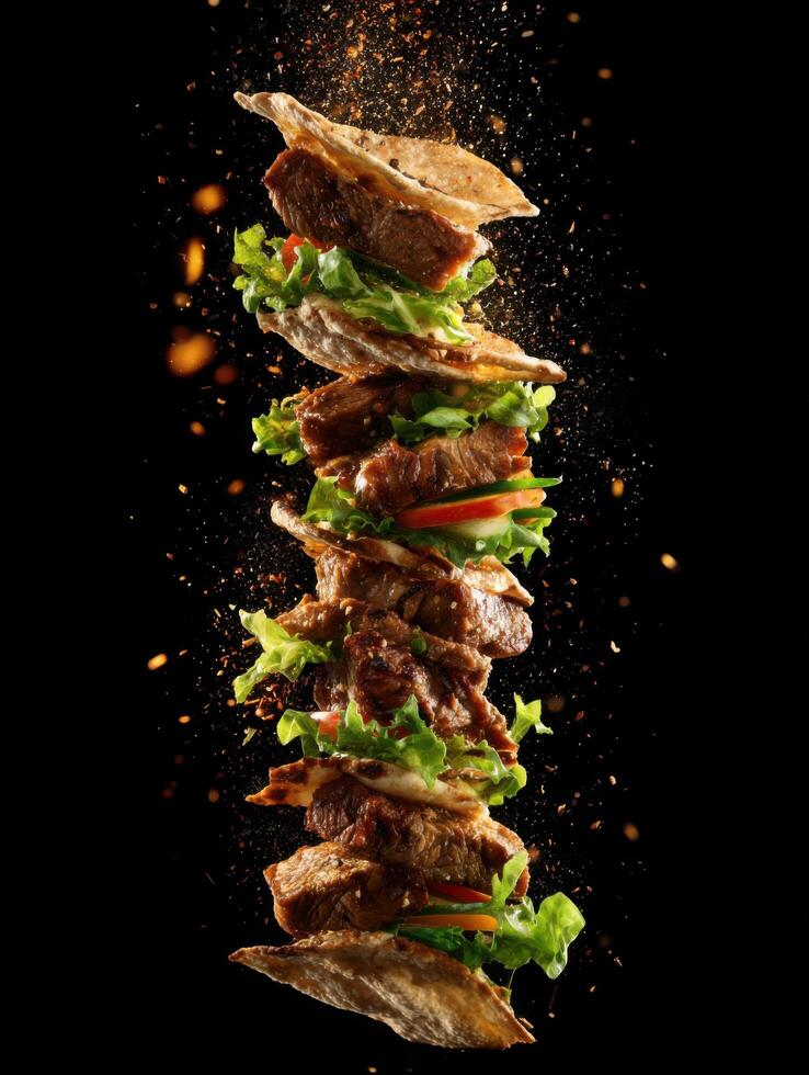 Falling Vegetables And Sizzling Kebab Meat photo
