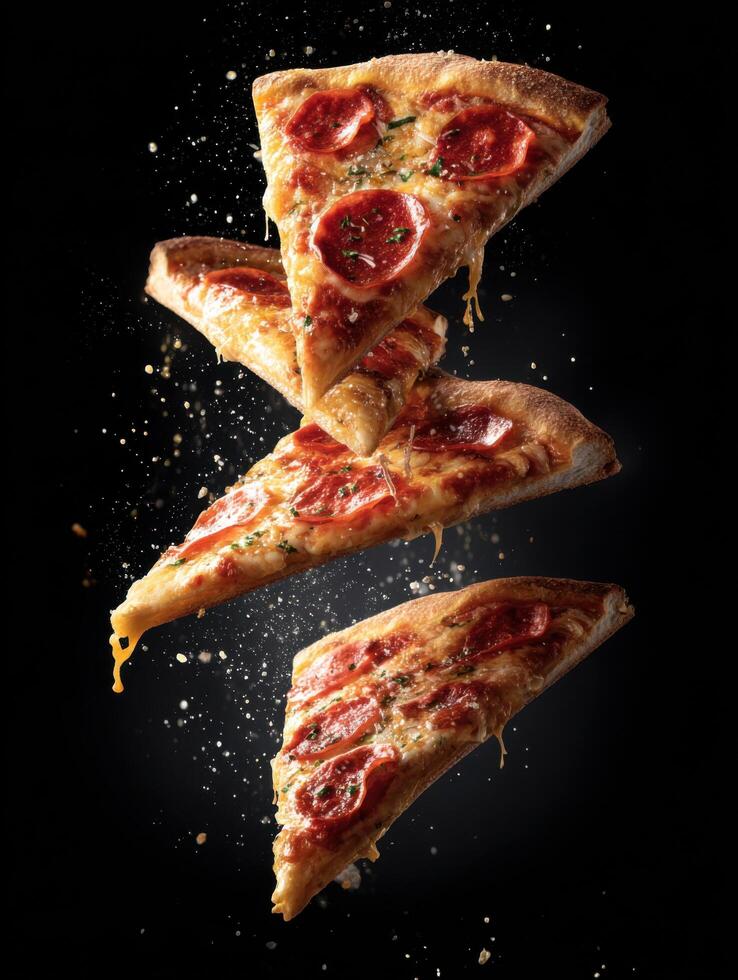 Cascading Pizza Wedges With Shiny Flecks Professional Studio Photo