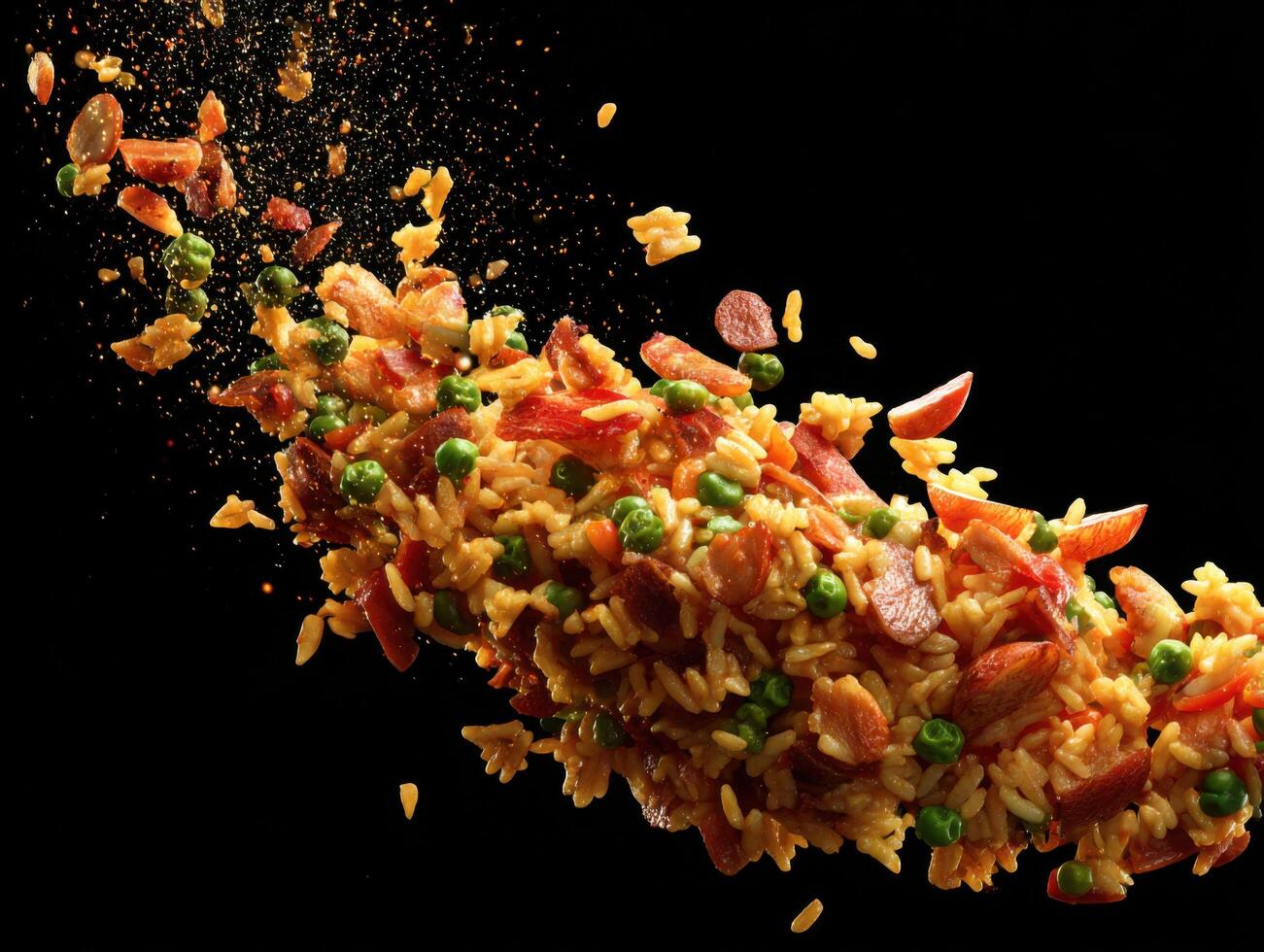 Isolated View Of Rich Paella Elements And Golden Shimmers Falling photo