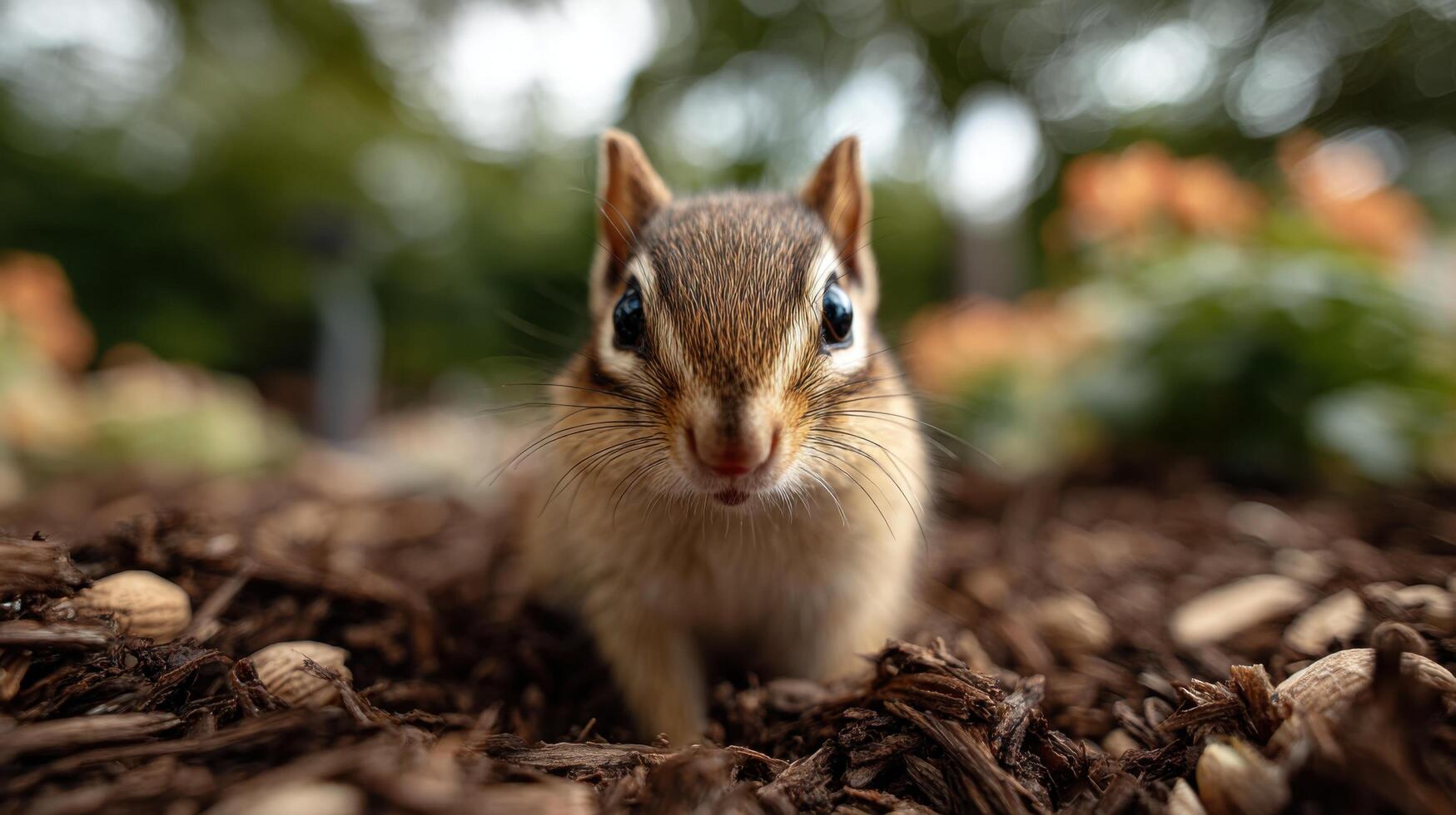 A Chipmunk Busily Burying A Nut In A Flower Bed photo