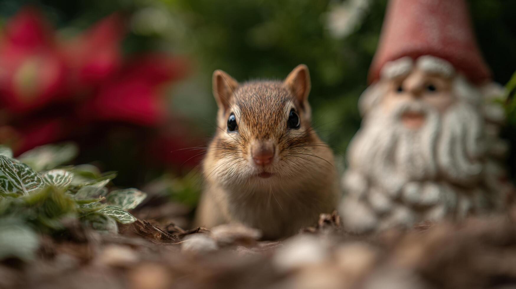 A Chipmunk Hiding Behind A Garden Gnome Statue photo
