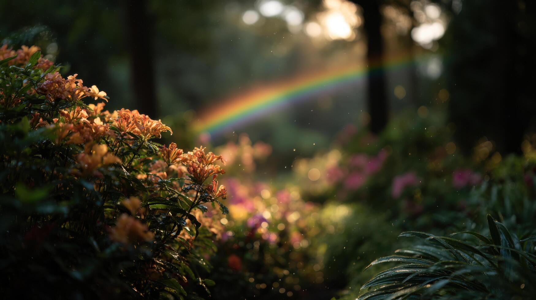 A Colorful Rainbow Appears Above A Lush Garden photo