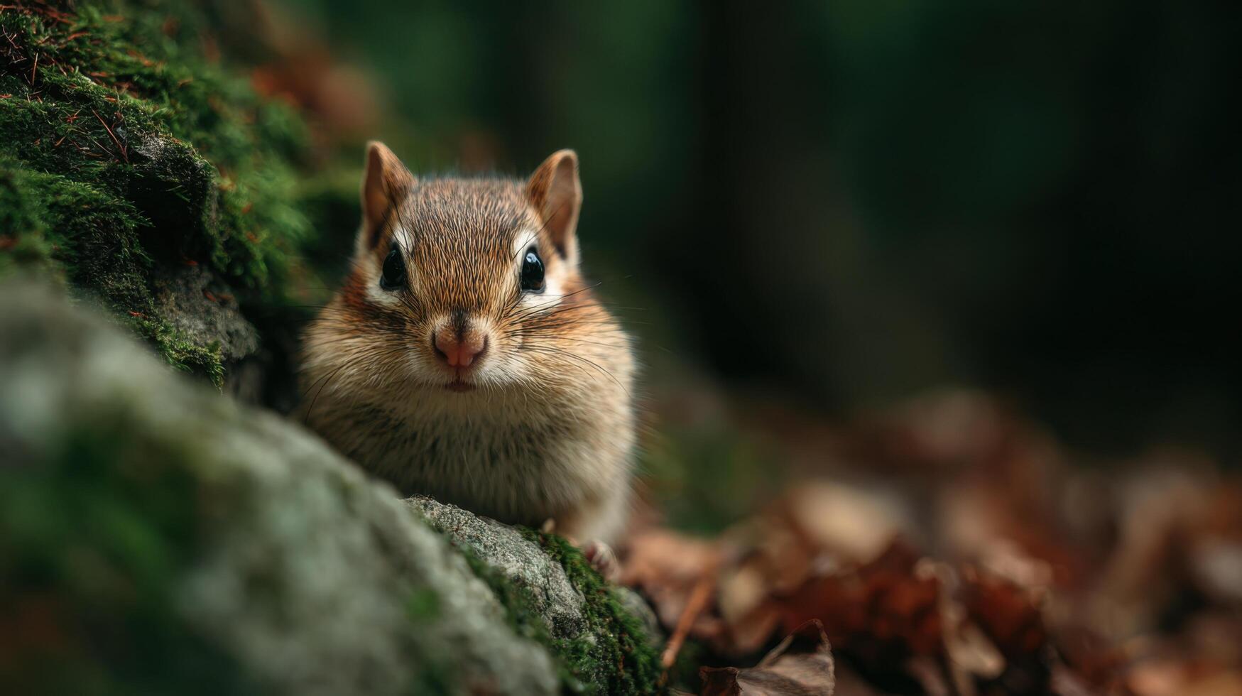 A Curious Chipmunk Hides Behind a Rock with Moss photo