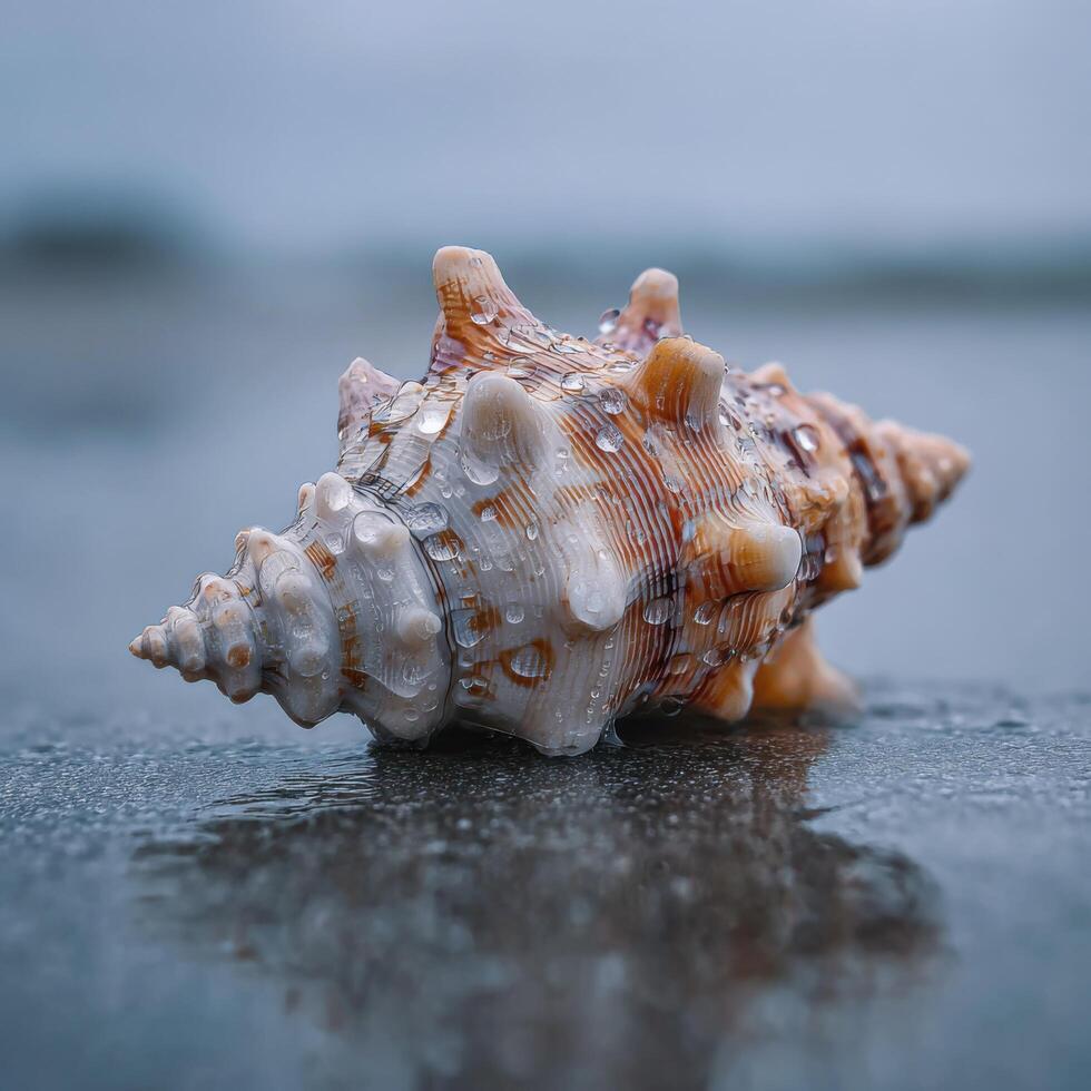 A Detailed View Of A Seashell Lying On Damp Sand photo