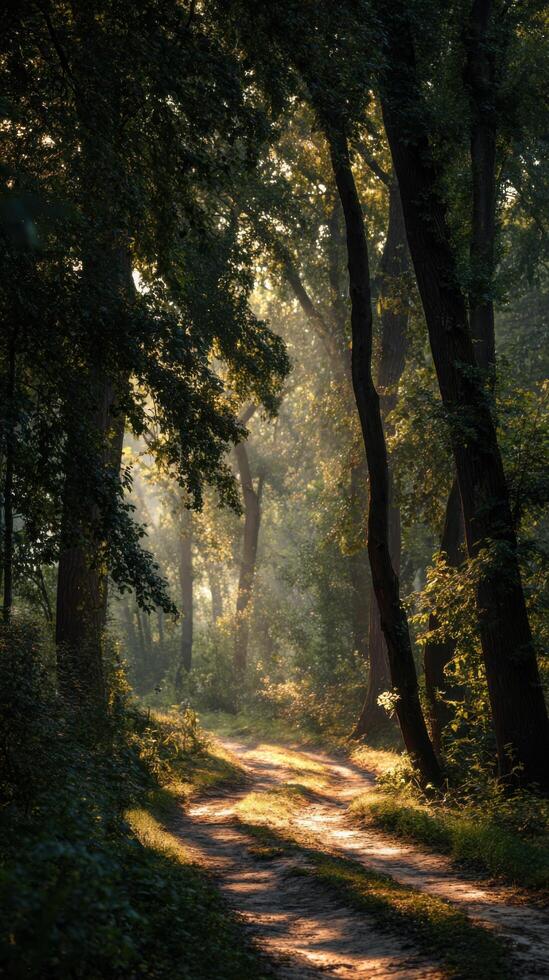 A Forest Path At Sunrise In A Tranquil Scene photo