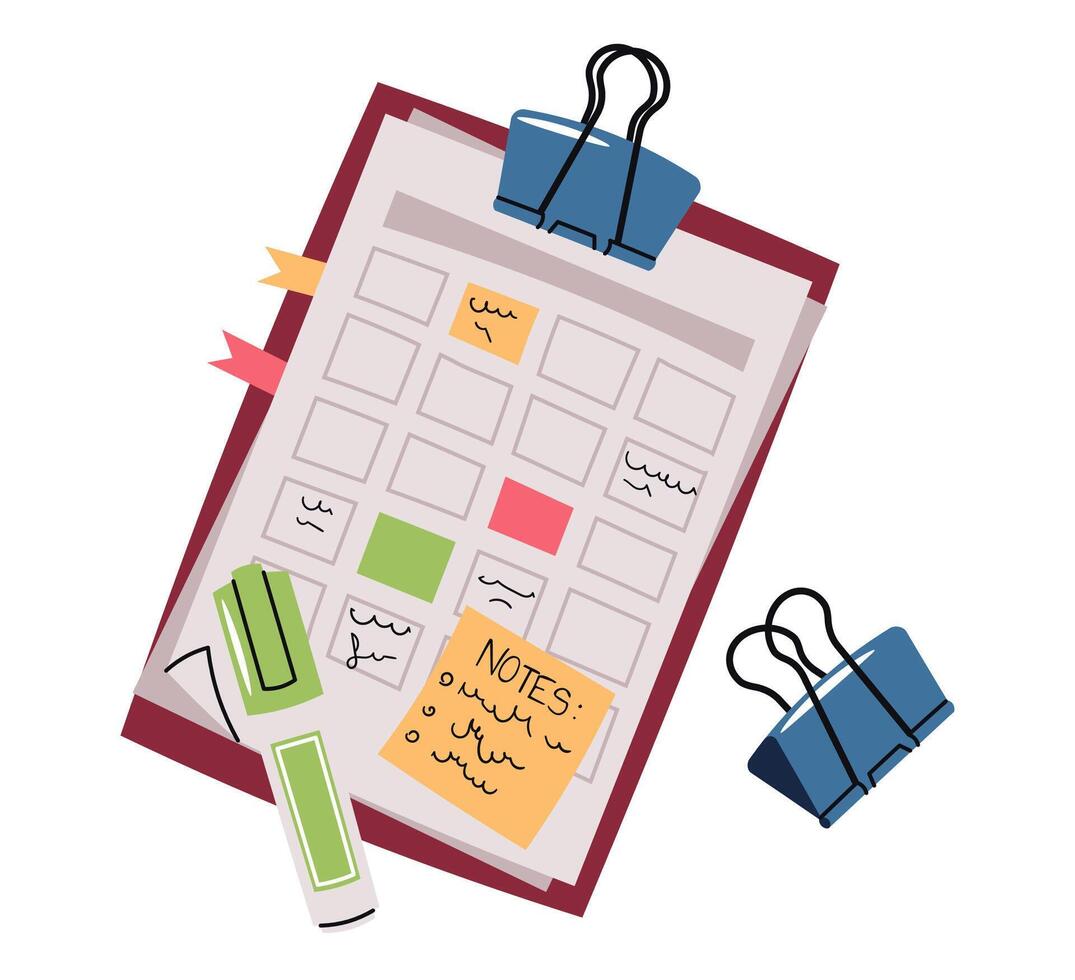 Tablet with Notes, Planner, Sticky Memos, Pen, and Highlighter in Flat Design on White Background. Ideal for Social Media Content, Printable school Stickers, and Productivity App Designs. vector