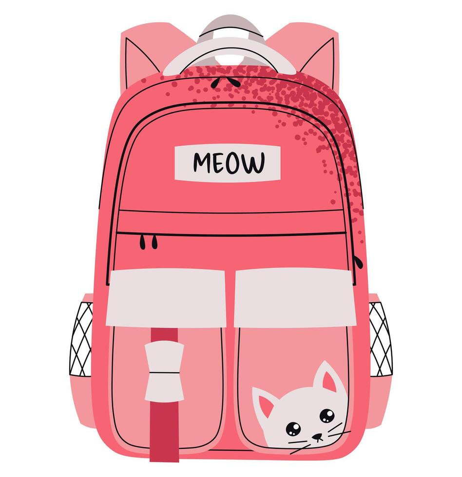 Pink Kids School Backpack with Cute Cat, Flat Design for Kindergarten, Preschool and Elementary. Back to School. Bag Illustration Perfect for Childish Products, Educational Materials, Parenting Blogs vector
