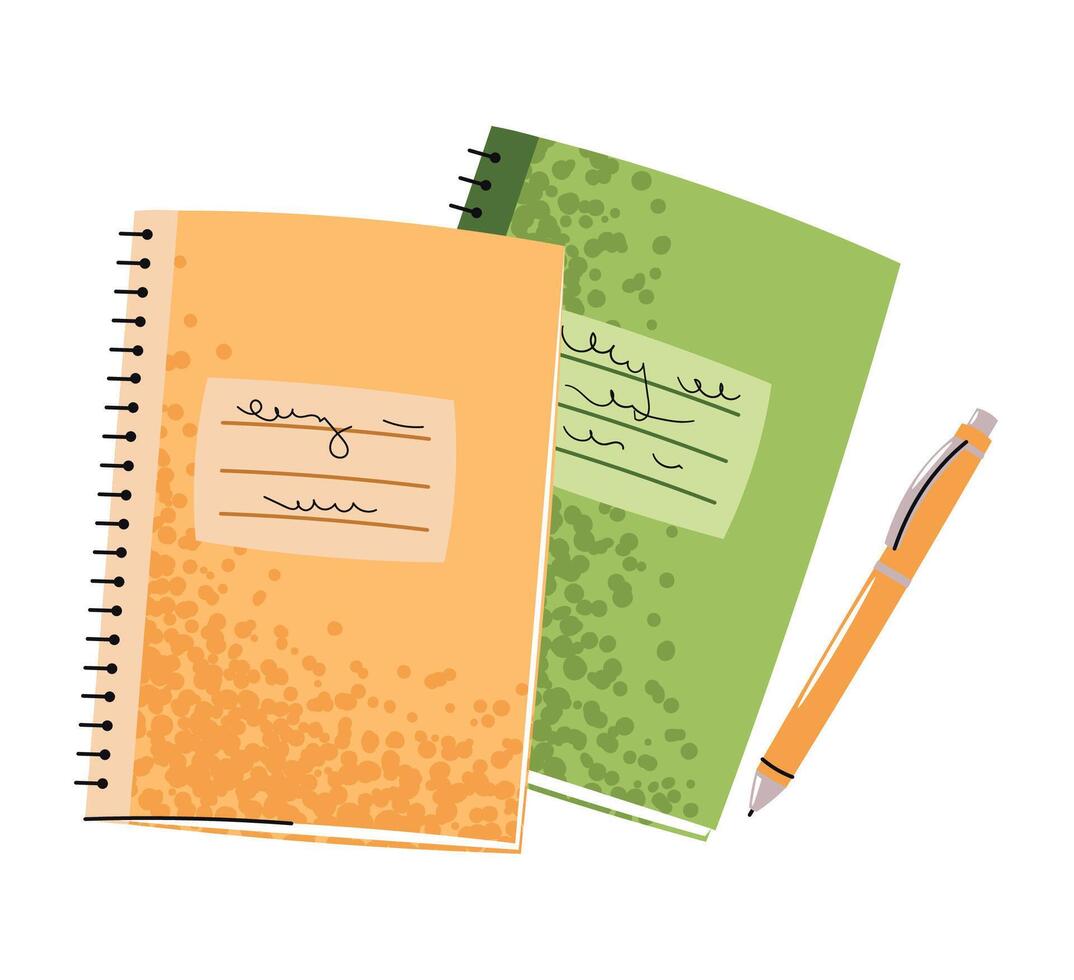 Two Notebooks with Pen in Flat Style on White Background. School and Office Supplies for Students, Teachers, and Professionals. Ideal for Educational Content, Stationery Design, and Social Media Posts vector