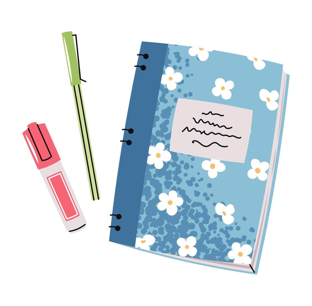 Blue Floral Notebook with Pen and Marker in Flat Style on White Background. School and Office Supplies. Perfect for Stationery Design, Educational Social Media Content, and Printable Stickers vector