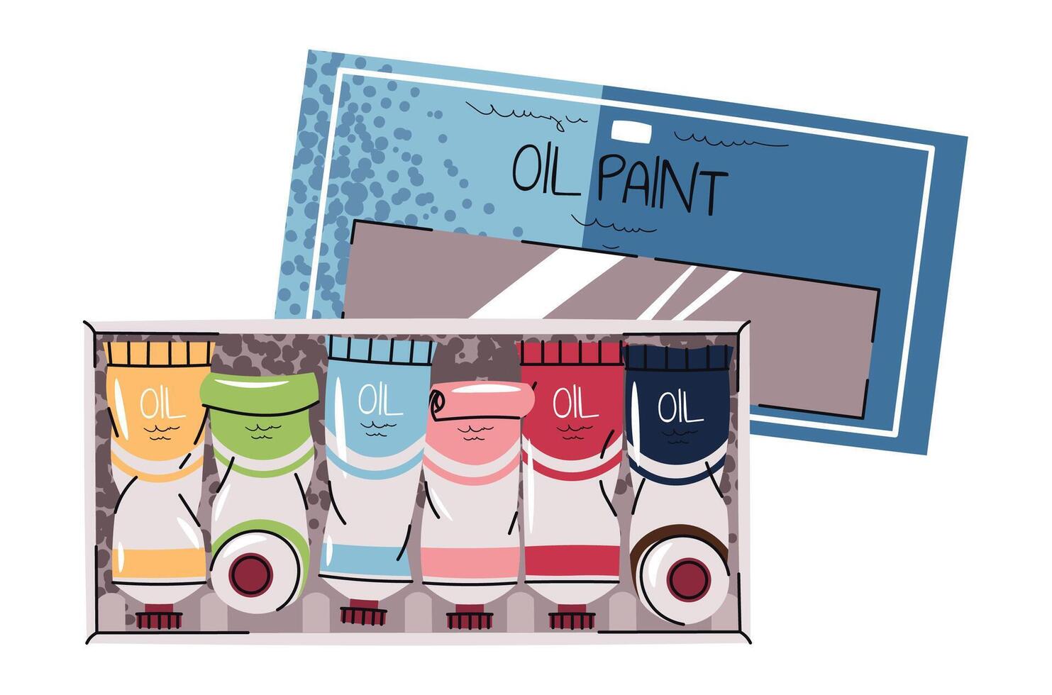 Oil Paint Tubes in Box. Flat Design on White. Artist's Paint, Art Supplies. Perfect for Packaging Design, Social Media, Painting Tutorials, and Creative Studio Decor and Art Class Materials vector
