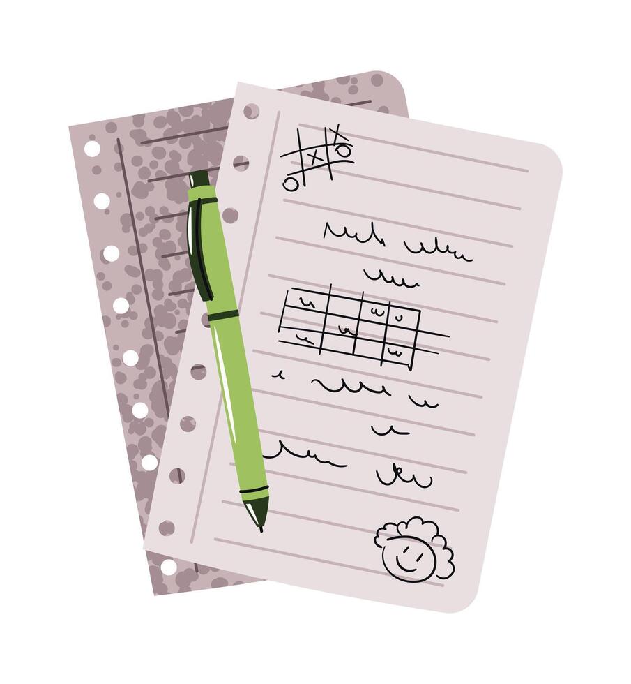 Notebook Paper Sheets with Scribbles and Handwritten Notes in Flat Style. Lined Pages with Pen for School, Office, and Creative Projects. Ideal for Education Content, Planner Sticker, and Social Media vector