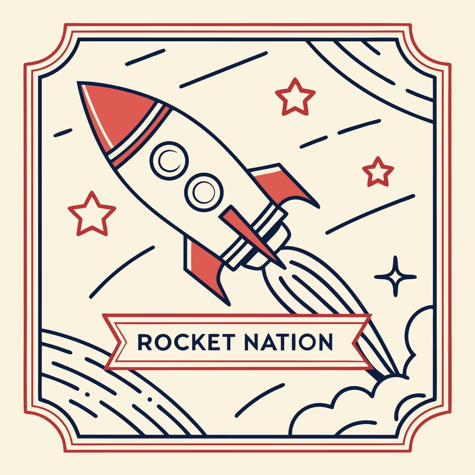 Icon badge featuring a stylized rocket launch with star trails and the words Rocket Nation vector