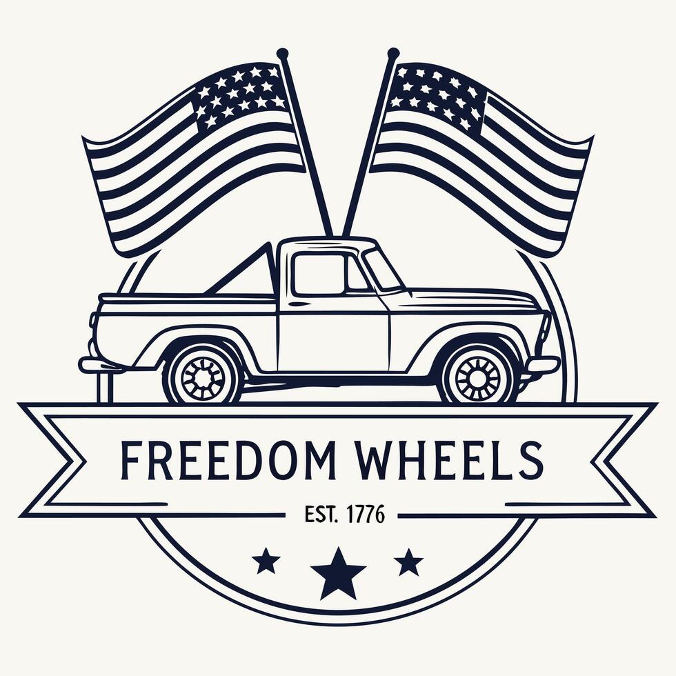 Flat badge icon of a retro pickup truck with waving American flags on both sides. Text Freedom Wheels Est. 1776 vector