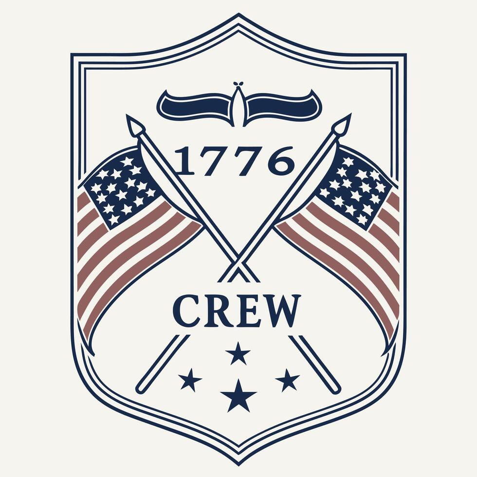 Military-style badge with crossed American flags, bold 1776 Crew vector
