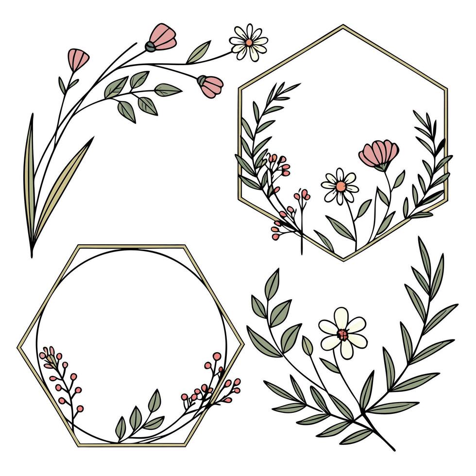 A set of hand-drawn floral frame elements featuring wildflowers, fine stems, and gentle branches vector