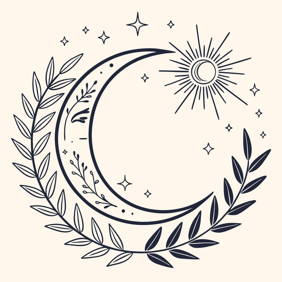 Refined wedding monogram with hand-illustrated initials cradled in crescent moon and starburst vector
