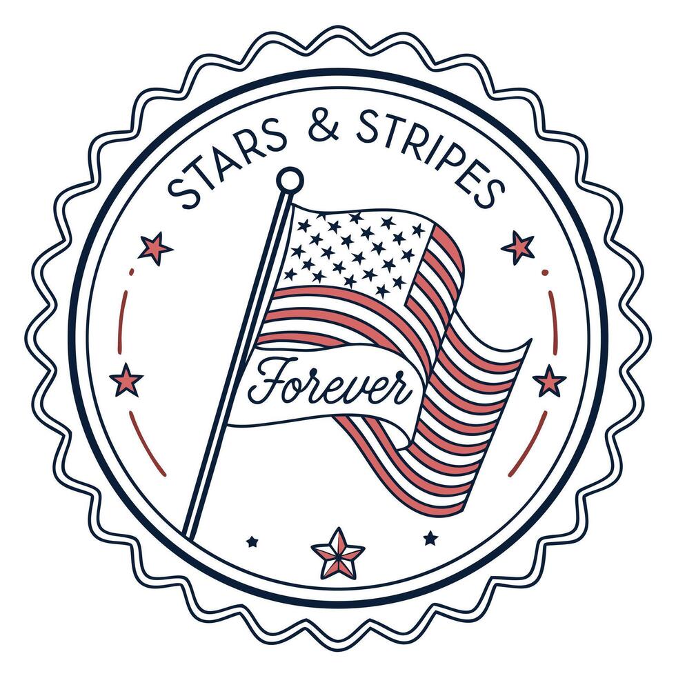 Flat line icon art of a circular badge with the text Stars Stripes Forever wrapped around an American flag waving in the center vector