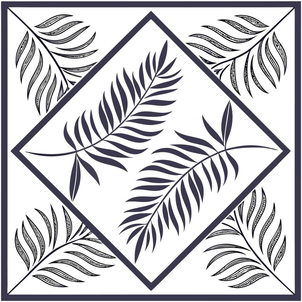A pattern of repeating stylized tropical leaves within a geometric square grid layout, sharp black outlines vector