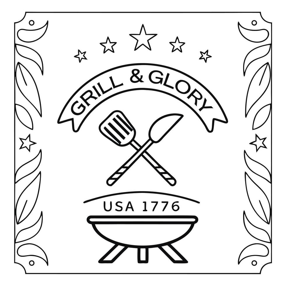Badge style flat line featuring a crossed spatula and fork over a BBQ grill with Grill Glory above, and USA 1776 vector