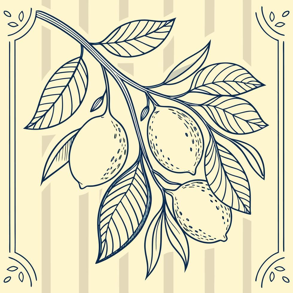 Loose cluster of lemons with leaves, drawn in thin ink lines and surrounded by delicate border elements vector
