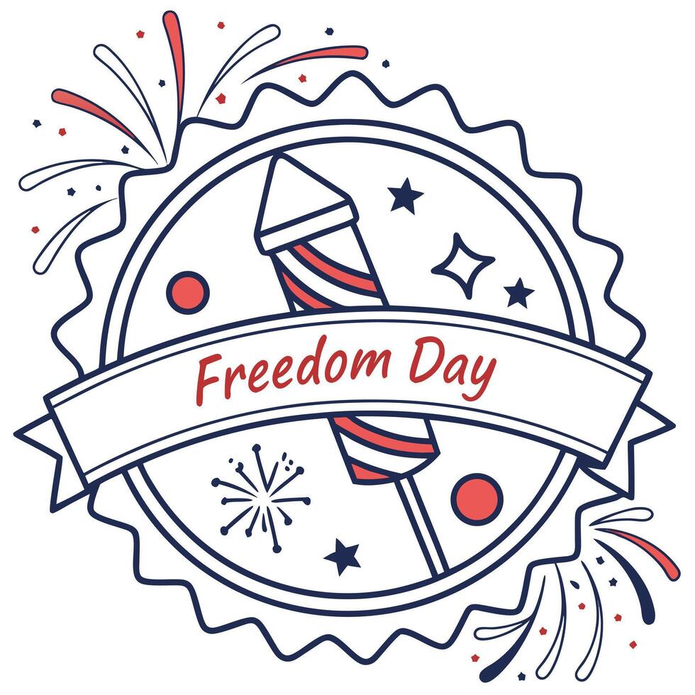 Flat line icon of a badge with bursting fireworks and Freedom Day written in bold text across a banner ribbon vector