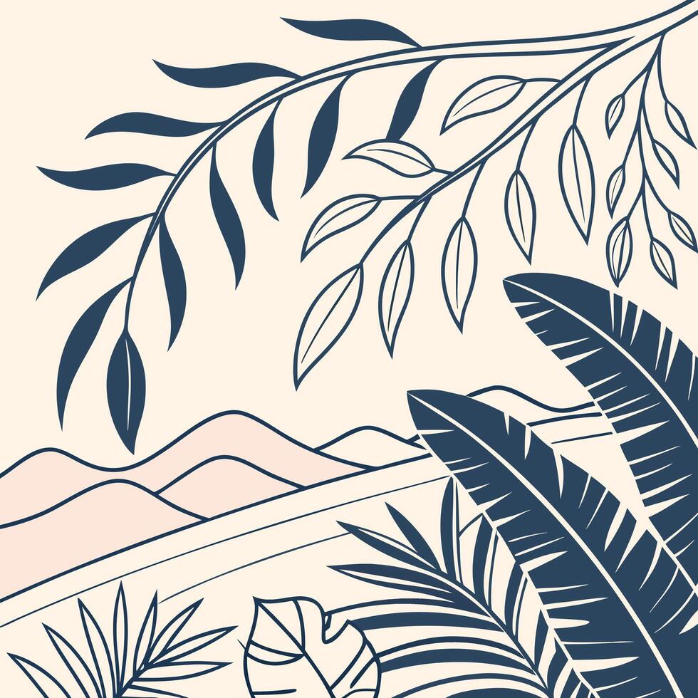 Tropical Nature with Leaves and Mountains in Neutral Tones vector