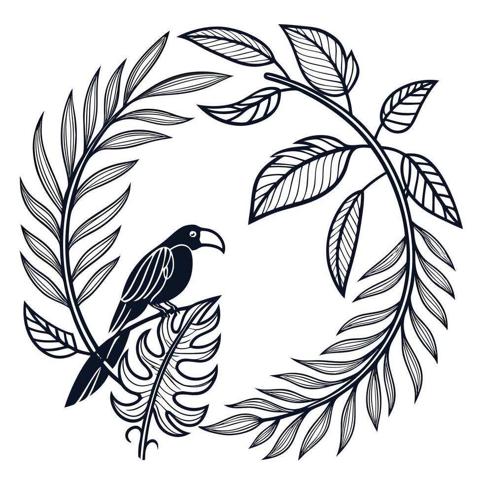 Elegant line-art badge frame made from intertwining tropical leaves, circular shape, detailed ink-style outlines vector