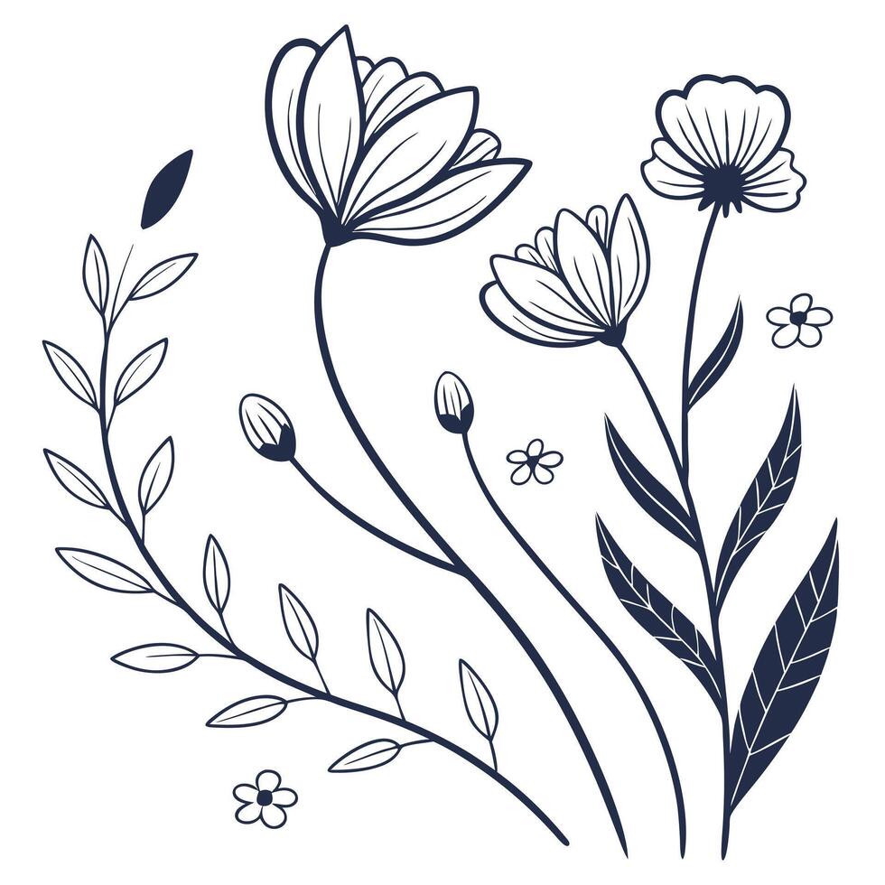 A modern set of line botanical motifs including single flowers, buds, and simple stems vector