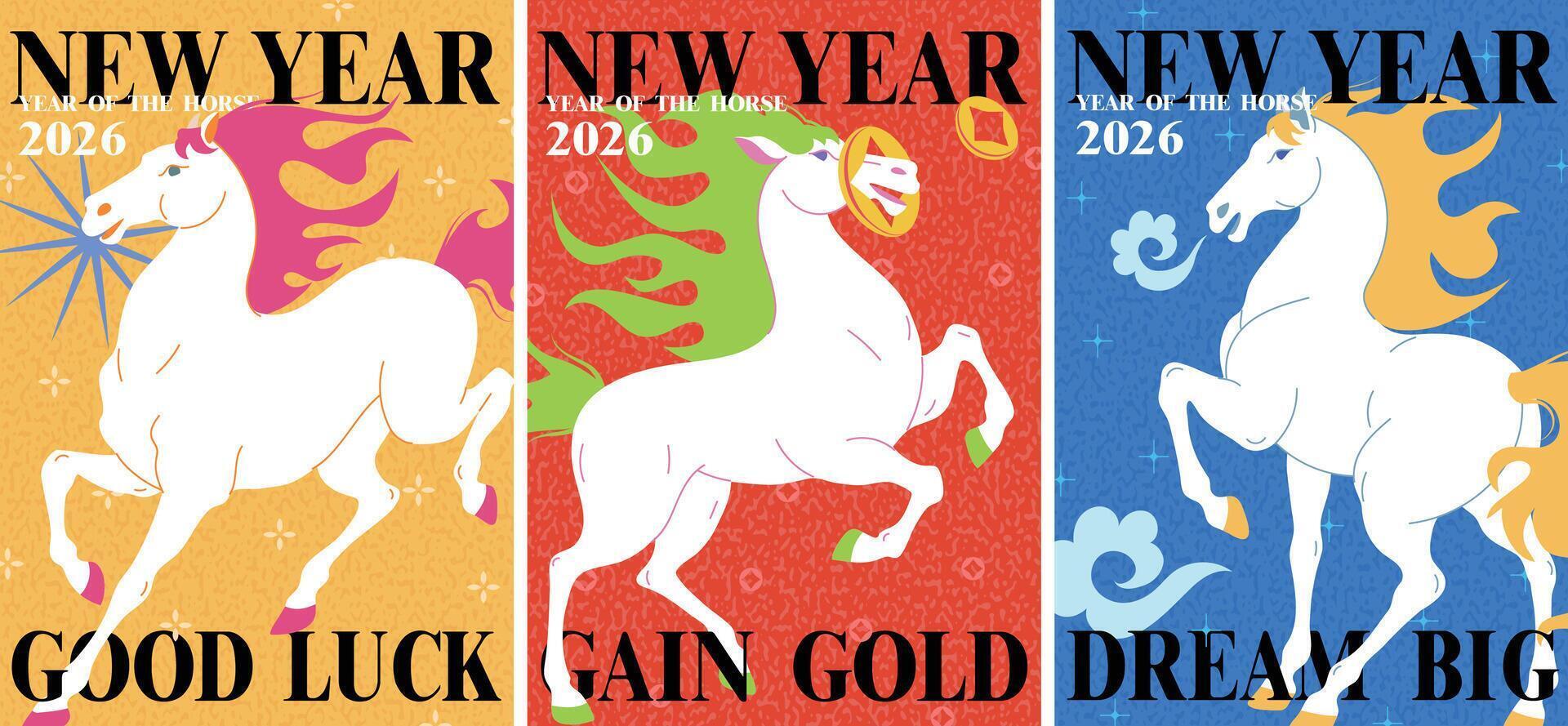 2026 Happy Chinese New Year, Year of the Horse Poster set, flat style, Modern Design for Card, Postcard, Greeting Card, Poster and Flyer Template vector