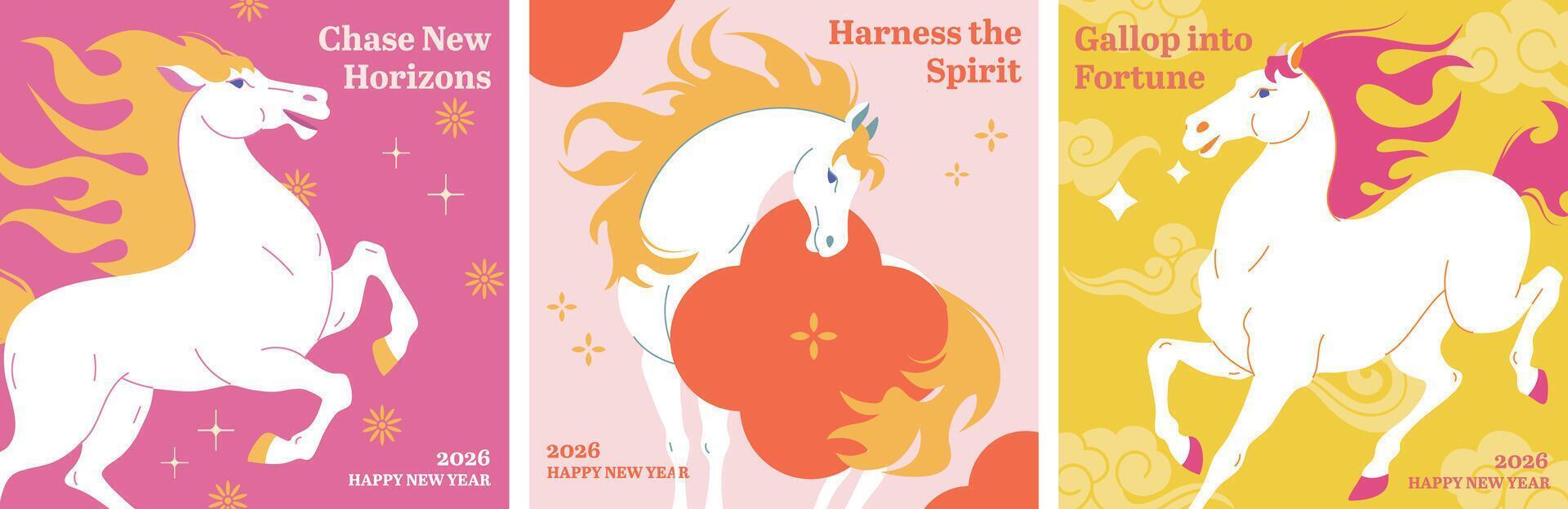 Happy Chinese New Year of the Horse 2026 Greeting Card Set,horse zodiac mascot in bright oriental flat style, for cover,Social Media, Card or Banner Templates, square format vector