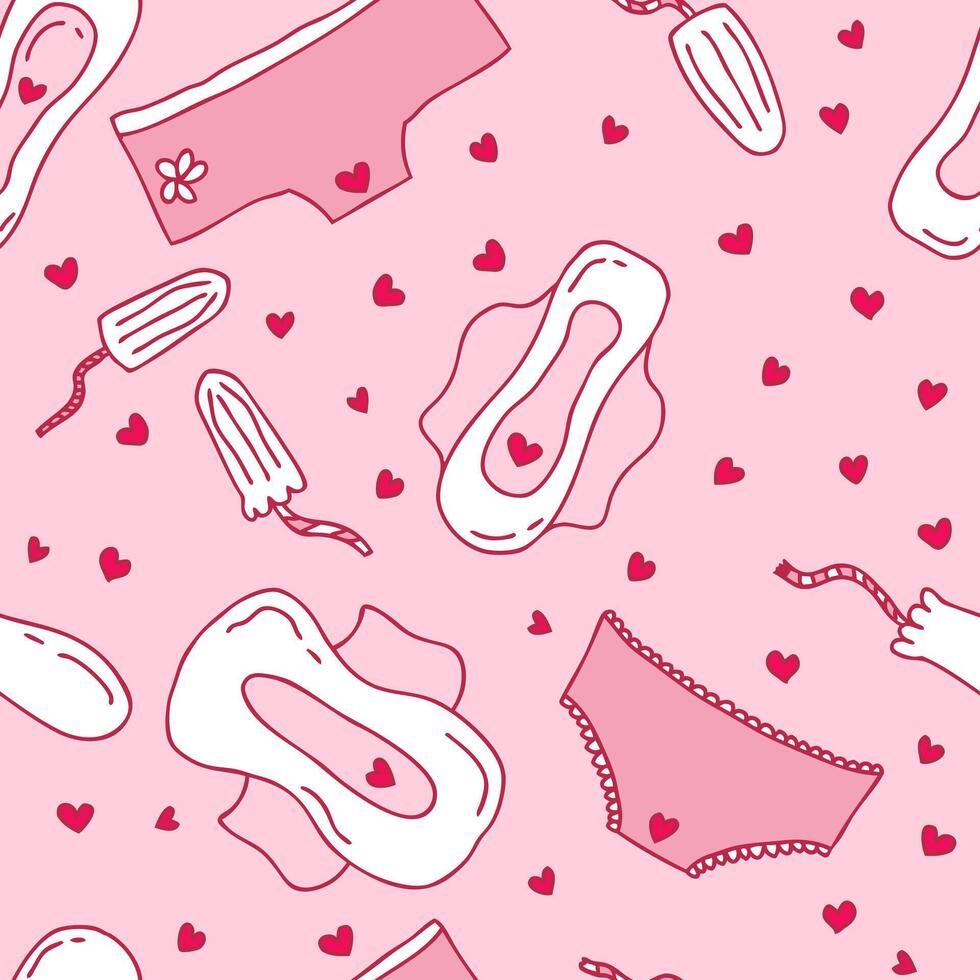 Female menstruation period doodle seamless pattern. Intimate hygiene protection print for paper, textile, label, sale. Hand drawn background. vector