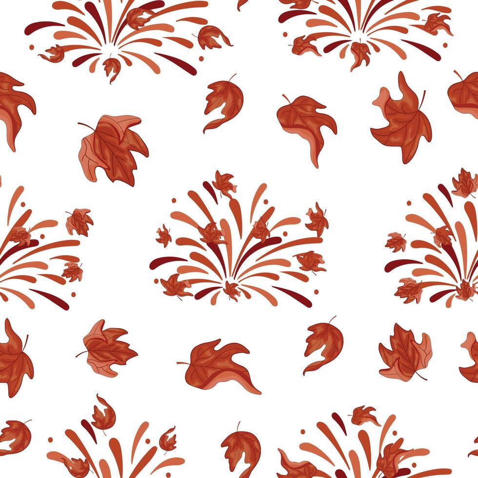 pattern of fireworks in different shades of orange with different maple leaves of different shapes and colors and the leaves themselves from under the tree, for Canada Day vector