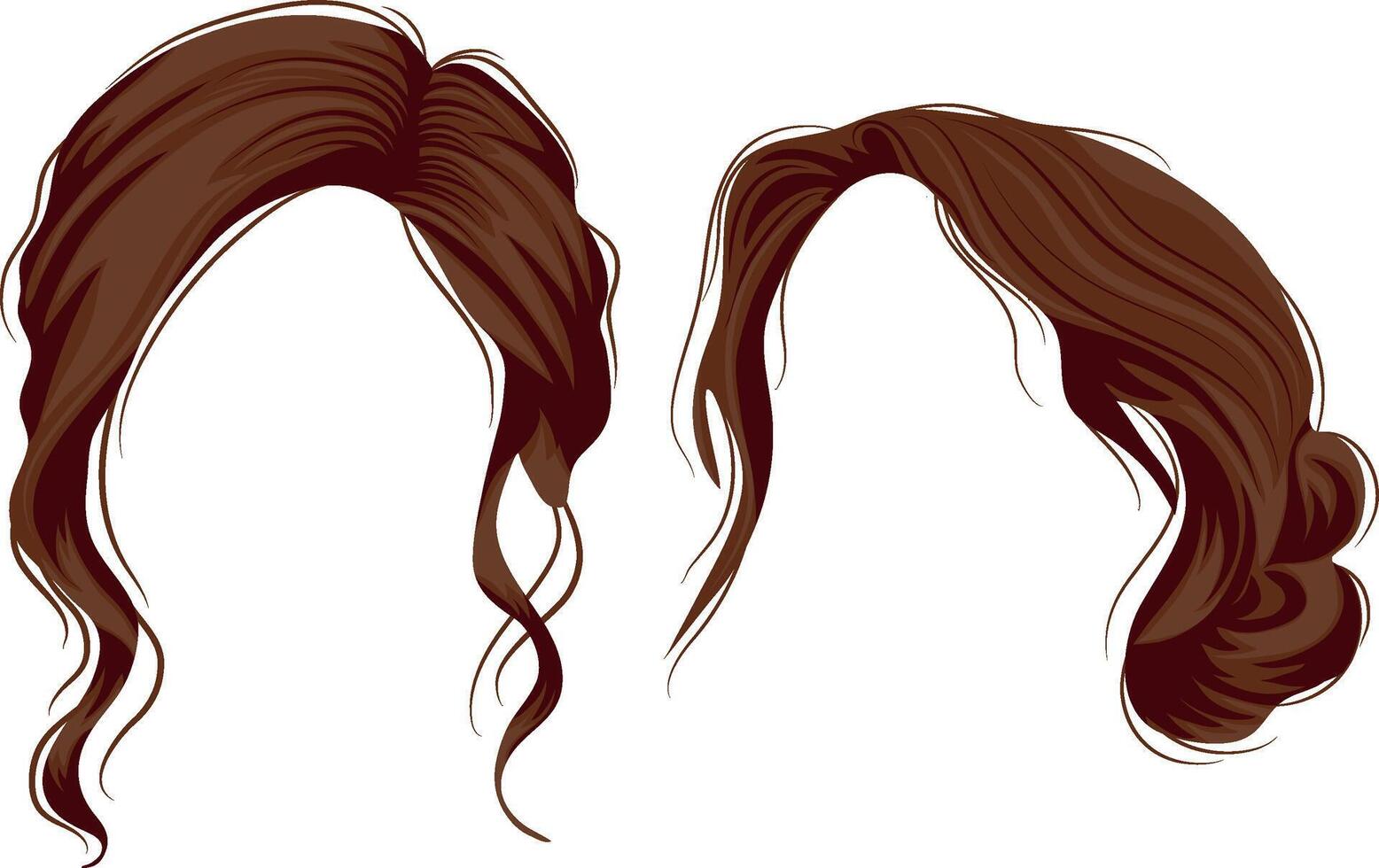 set of two styling and hairstyle templates for medium-length brown female hair for female characters styled in messy hairstyles vector