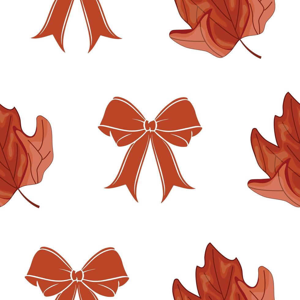 Elegant seamless pattern with traditional maple leaves and ribbon bows in Canadian red, for a variety of designs vector