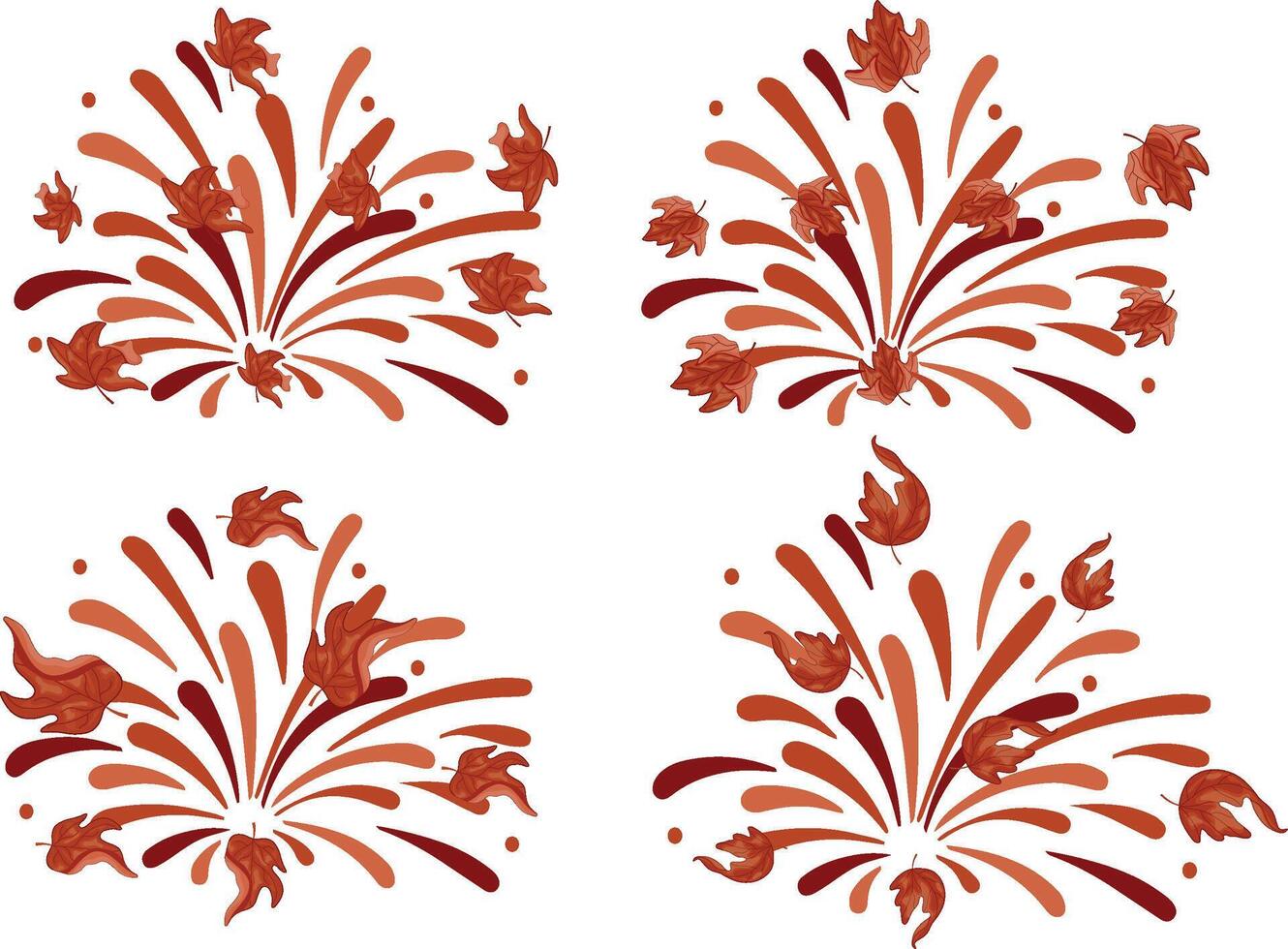 set of fireworks in different shades of orange with different maple leaves of different shapes and colors, for Canada Day vector