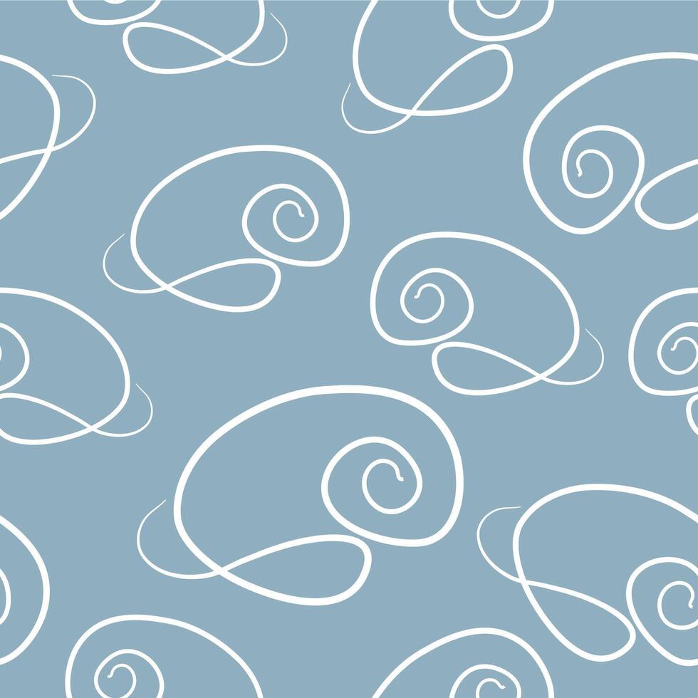 Repeating seamless pattern with elegant spiral shells on a blue background arranged randomly, for various summer designs vector