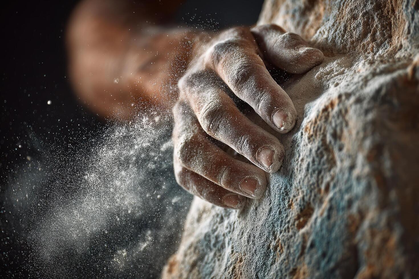 A climber's hand presses against a textured rock wall, covered in chalk dust, highlighting the intense focus and effort of the athlete photo