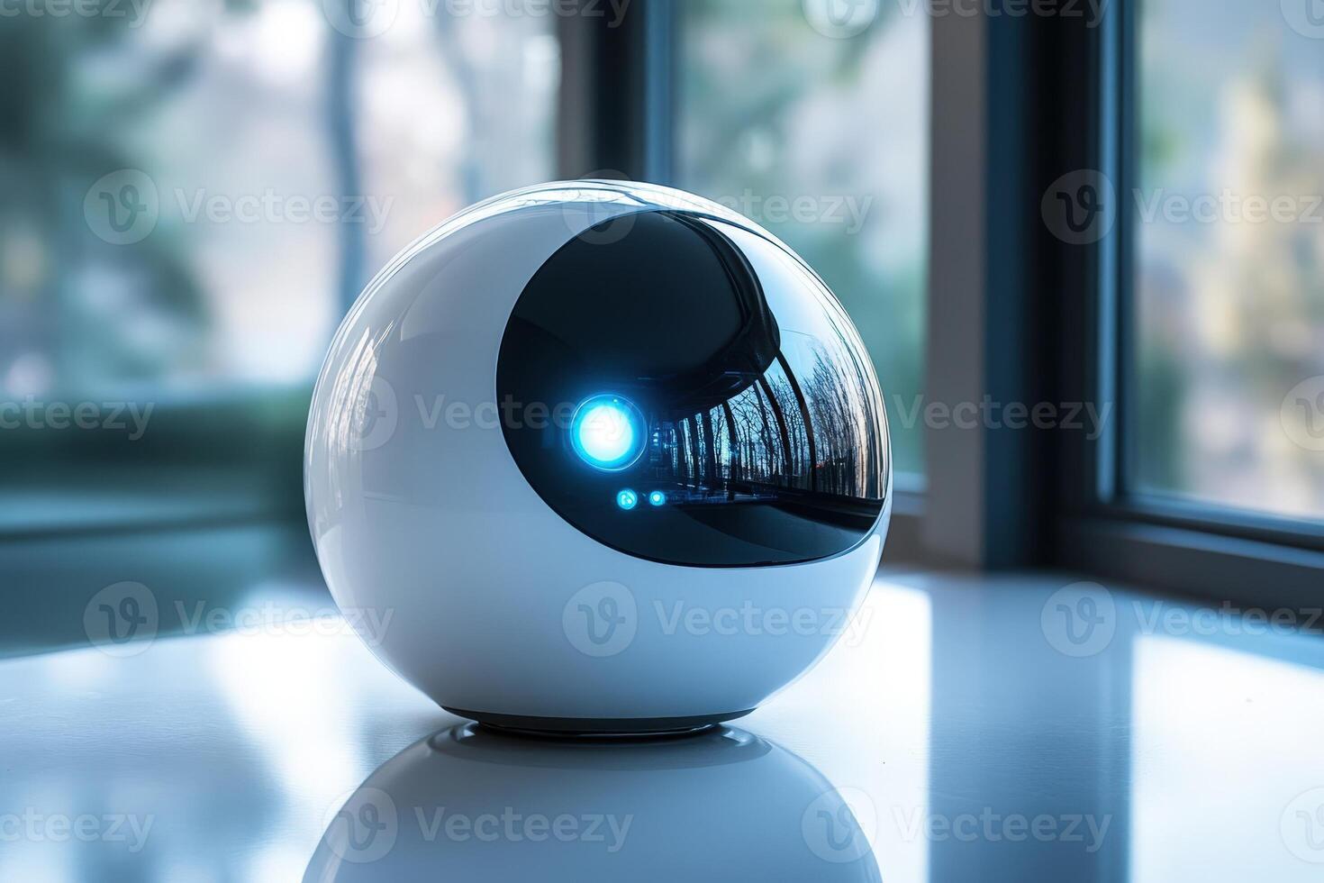 A white and blue robot sitting on a table photo