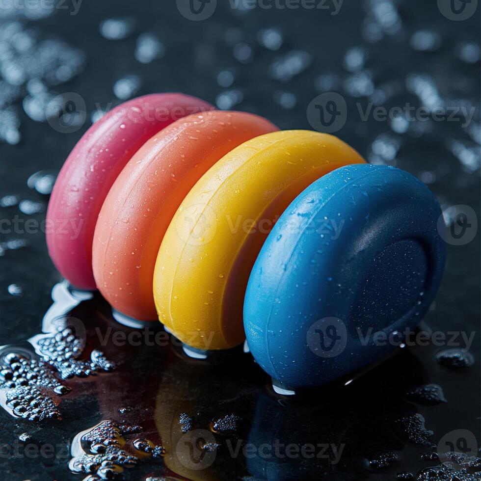 A group of four colorful objects sitting on a surface photo