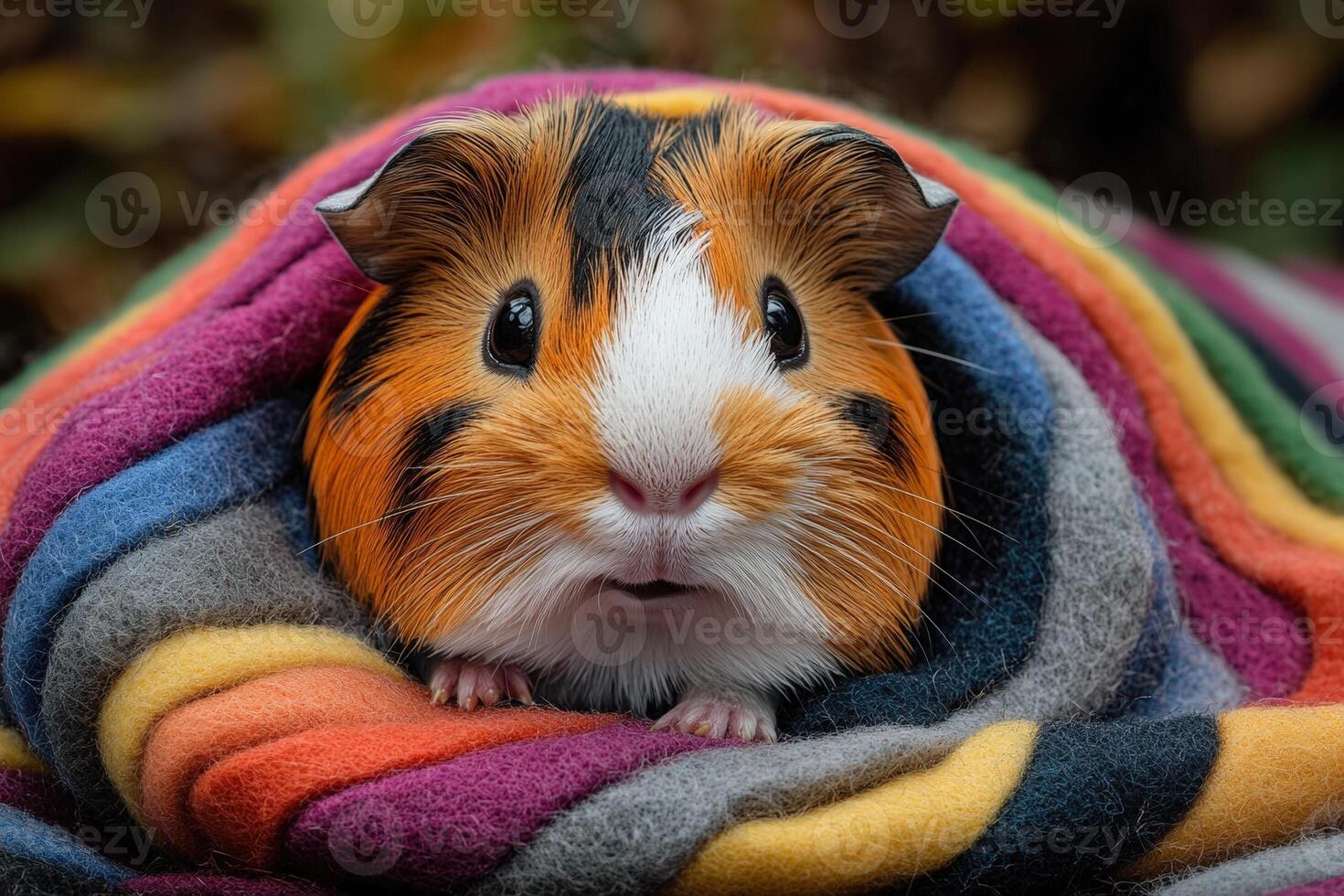 A guinea pig is wrapped in a colorful blanket photo
