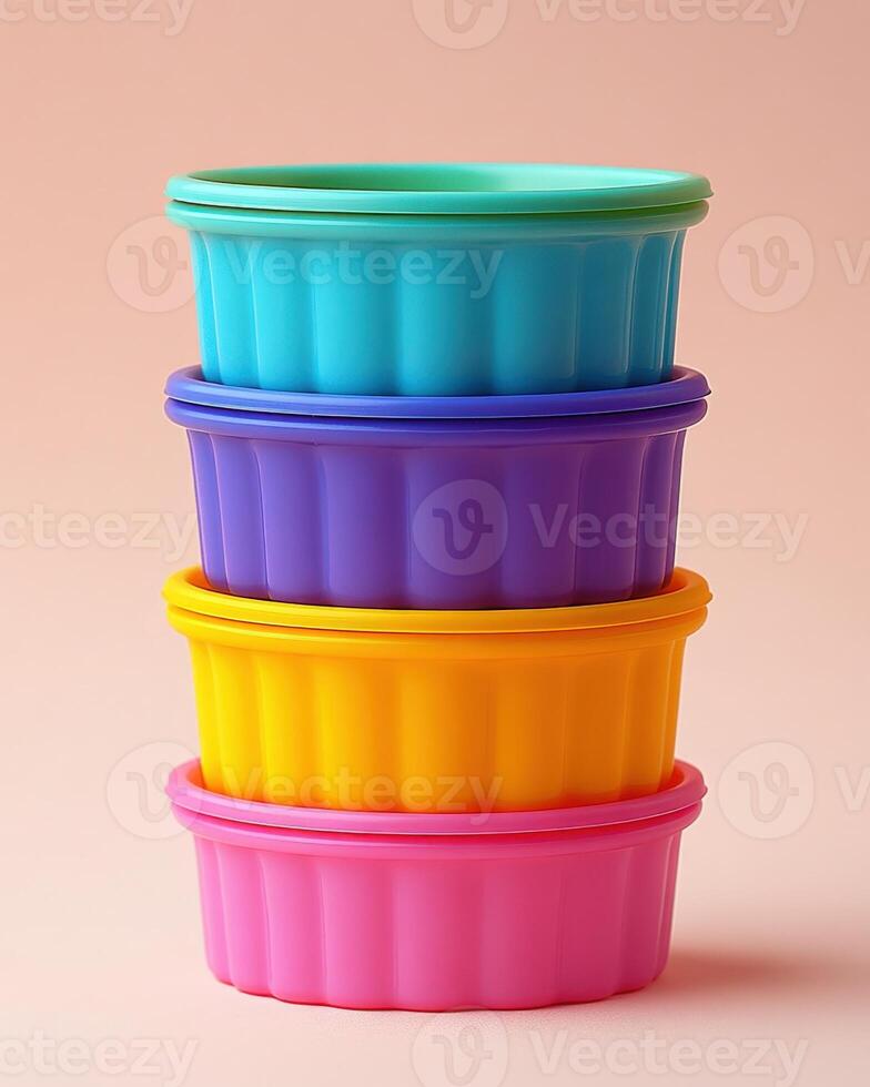 A stack of colorful plastic bowls on a pink background photo