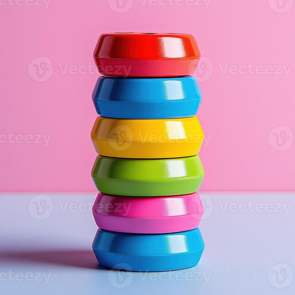 A stack of colorful plastic rings on a pink background photo