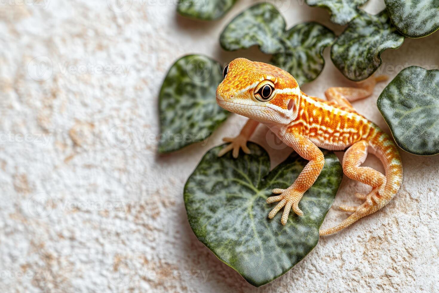 A small orange lizard sitting on top of a green leaf photo