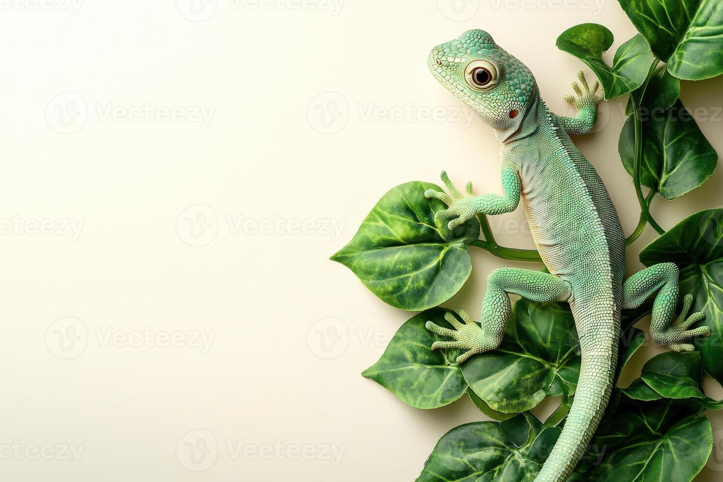 A green lizard is sitting on a green plant photo