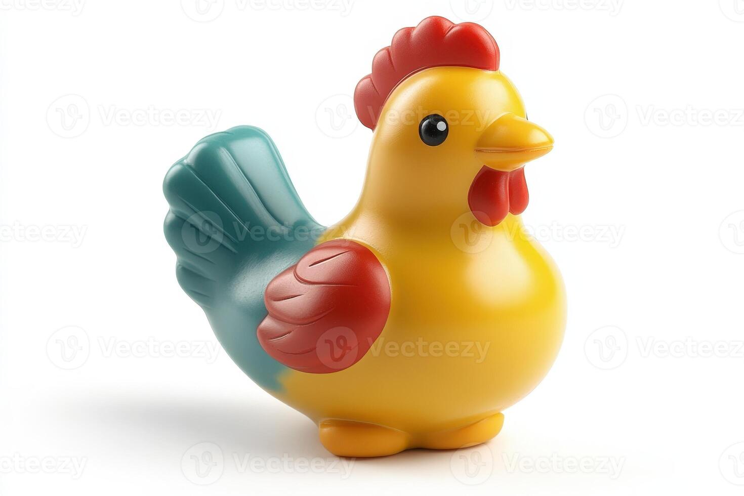 A toy chicken is standing on a white background photo