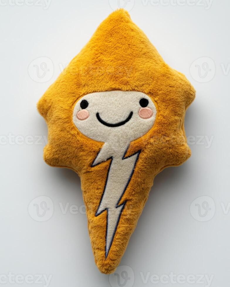 A yellow lightning bolt shaped pillow with a smiling face photo